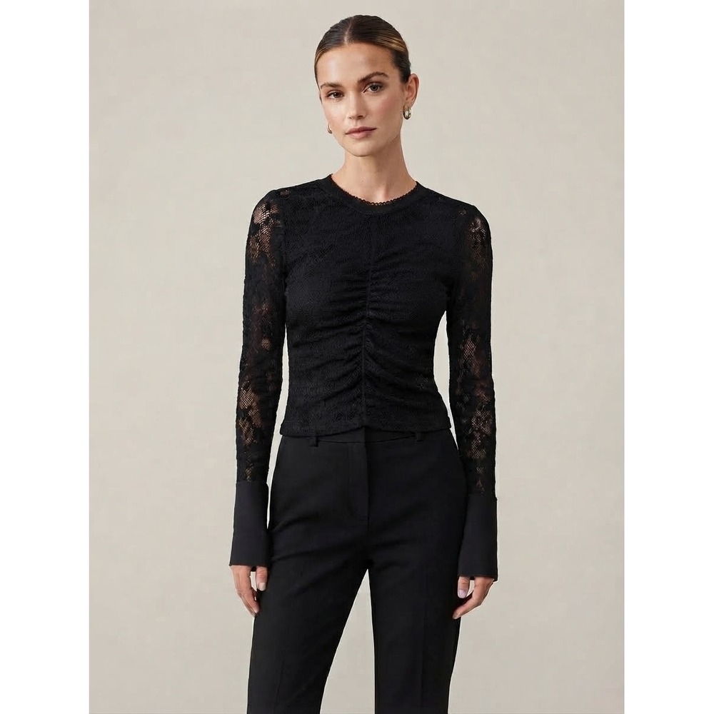 Free People Women Top XS Black Intimately Lace Ruched Front Long Sleeve Sheer